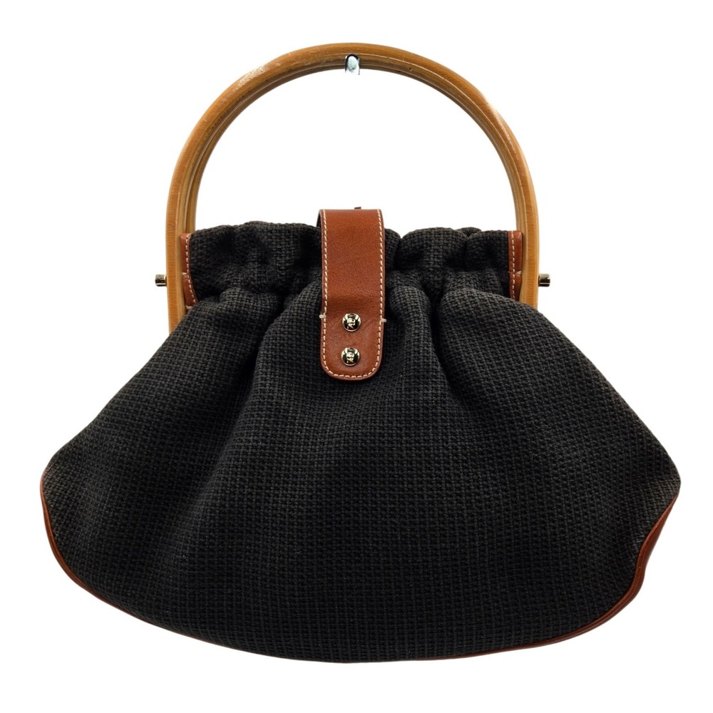 Kate Spade New York‎ Black Woven Leather Trimmed Bamboo Handle Drawstring Bag - Picture 2 of 6